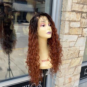 Ombre Copper 28" Long Curly Invisible Lace Free Part Wig